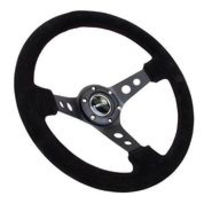 NRG Reinforced Steering Wheel (350mm / 3in. Deep) Blk Suede/Blk Stitch w/Black Circle Cutout Spokes - Lunaticsco
