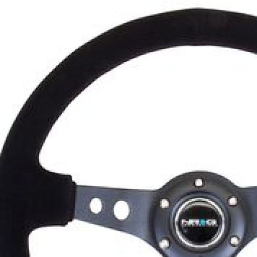 NRG Reinforced Steering Wheel (350mm / 3in. Deep) Blk Suede/Blk Stitch w/Black Circle Cutout Spokes - Lunaticsco