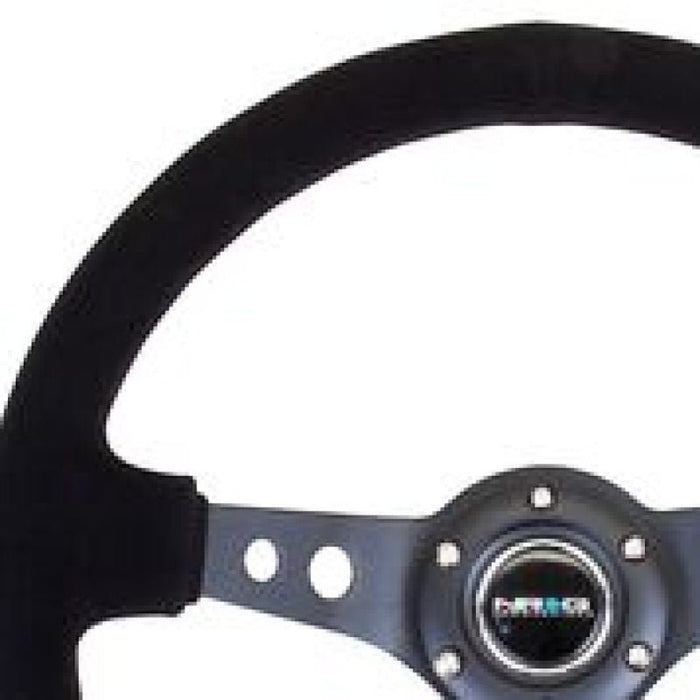 NRG Reinforced Steering Wheel (350mm / 3in. Deep) Blk Suede/Blk Stitch w/Black Circle Cutout Spokes - Lunaticsco