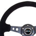 NRG Reinforced Steering Wheel (350mm / 3in. Deep) Blk Suede/Blk Stitch w/Black Circle Cutout Spokes - Lunaticsco
