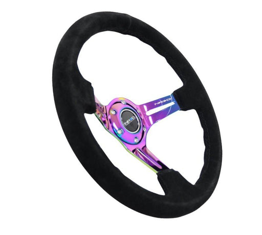 NRG Reinforced Steering Wheel (350mm / 3in. Deep) Blk Suede/Blk Stitch w/Neochrome Slits - Lunaticsco