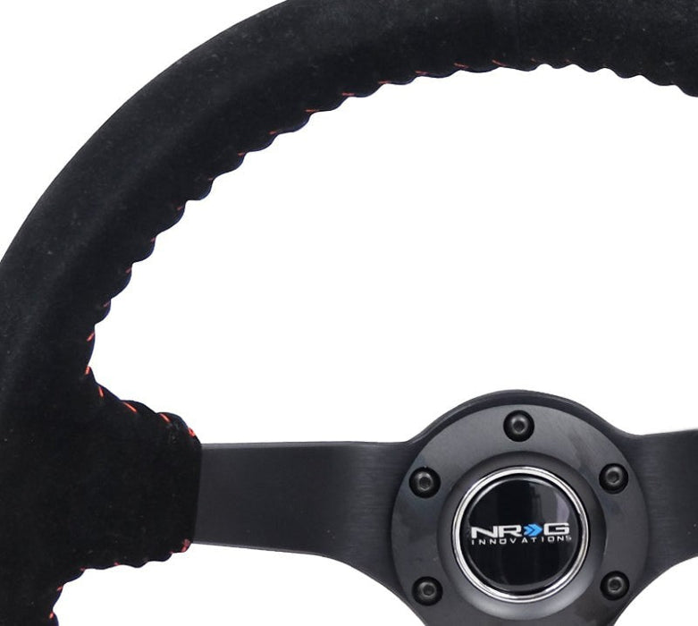 NRG Reinforced Steering Wheel (350mm / 3in. Deep) Blk Suede/Red BBall Stitch w/5mm Matte Blk Spokes - Lunaticsco