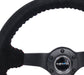 NRG Reinforced Steering Wheel (350mm / 3in. Deep) Blk Suede/Red BBall Stitch w/5mm Matte Blk Spokes - Lunaticsco
