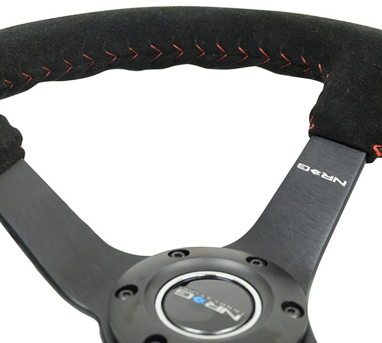NRG Reinforced Steering Wheel (350mm / 3in. Deep) Blk Suede/Red BBall Stitch w/5mm Matte Blk Spokes - Lunaticsco