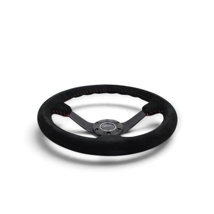 NRG Reinforced Steering Wheel (350mm / 3in. Deep) Blk Suede/Red BBall Stitch w/5mm Matte Blk Spokes - Lunaticsco