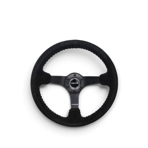 NRG Reinforced Steering Wheel (350mm / 3in. Deep) Blk Suede/Red BBall Stitch w/5mm Matte Blk Spokes - Lunaticsco