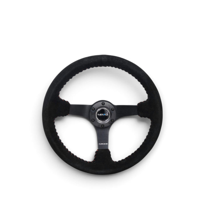NRG Reinforced Steering Wheel (350mm / 3in. Deep) Blk Suede/Red BBall Stitch w/5mm Matte Blk Spokes - Lunaticsco