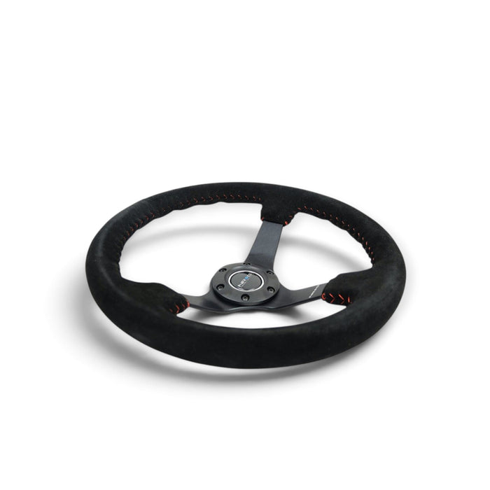 NRG Reinforced Steering Wheel (350mm / 3in. Deep) Blk Suede/Red BBall Stitch w/5mm Matte Blk Spokes - Lunaticsco