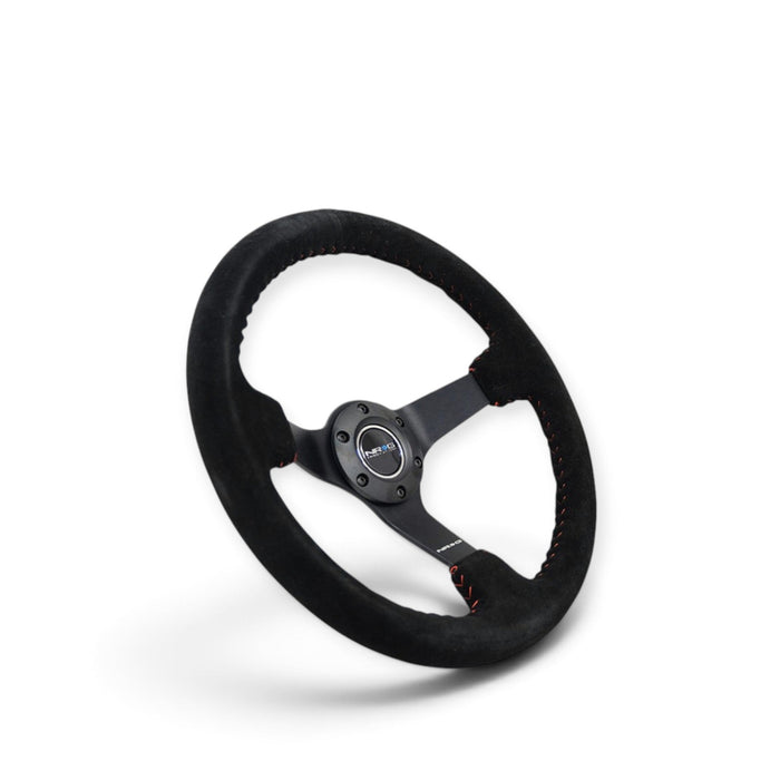 NRG Reinforced Steering Wheel (350mm / 3in. Deep) Blk Suede/Red BBall Stitch w/5mm Matte Blk Spokes - Lunaticsco