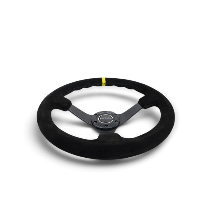 NRG Reinforced Steering Wheel (350mm / 3in. Deep) Blk Suede/X-Stitch w/5mm Blk Spoke & Yellow CM - Lunaticsco