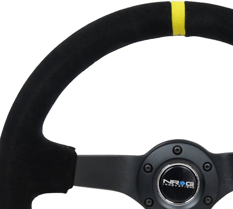 NRG Reinforced Steering Wheel (350mm / 3in. Deep) Blk Suede/X-Stitch w/5mm Blk Spoke & Yellow CM - Lunaticsco