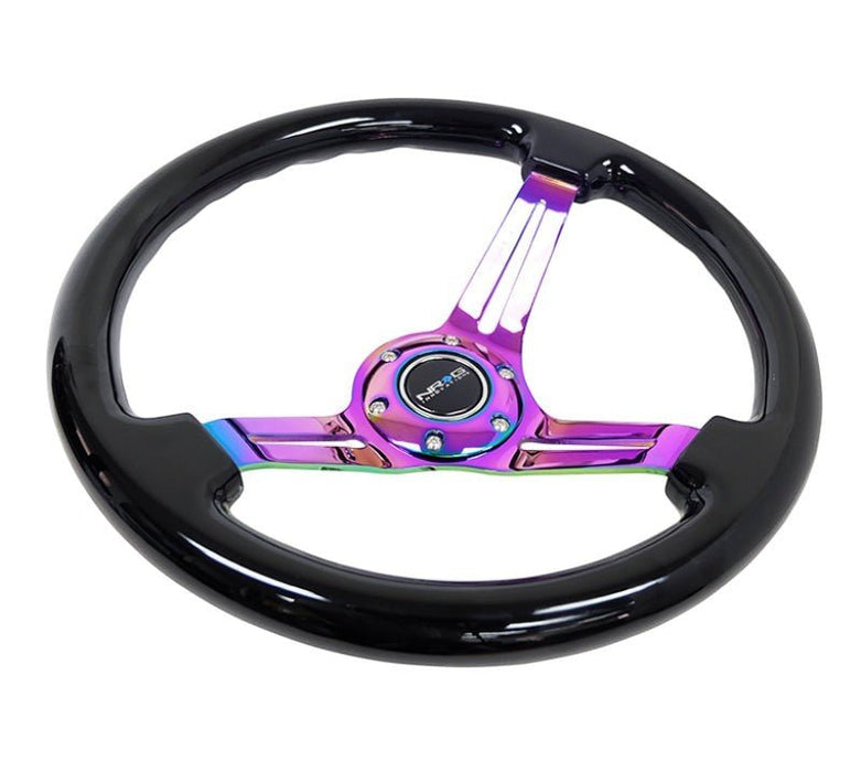 NRG Reinforced Steering Wheel (350mm / 3in. Deep) Blk Wood w/Blk Matte Spoke/Neochrome Center Mark - Lunaticsco