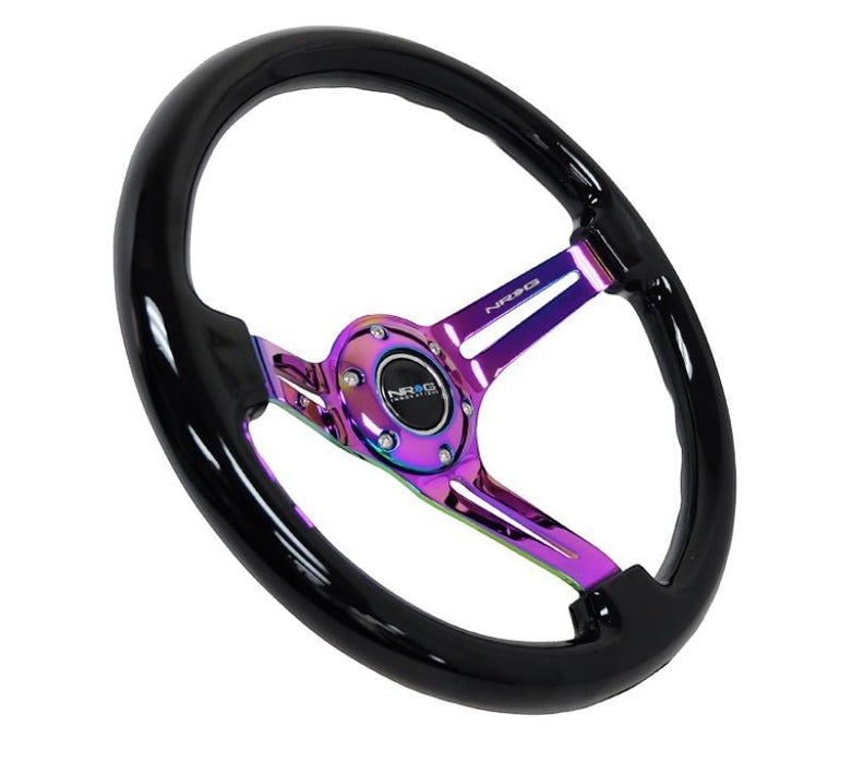 NRG Reinforced Steering Wheel (350mm / 3in. Deep) Blk Wood w/Blk Matte Spoke/Neochrome Center Mark - Lunaticsco