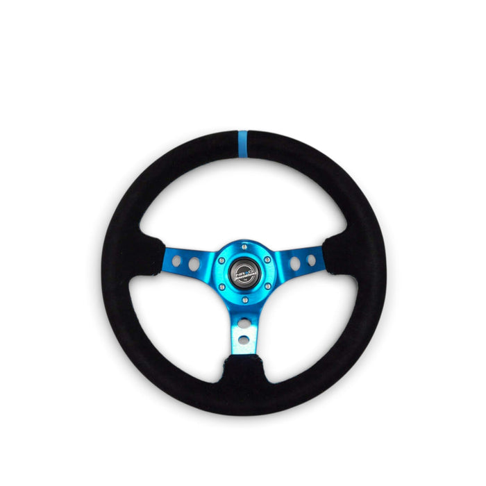 NRG Reinforced Steering Wheel (350mm) 3in Deep Blue Spoke W/ Holes - Black Suede Blue Stripe/Stitch - Lunaticsco