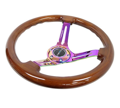 NRG Reinforced Steering Wheel (350mm / 3in. Deep) Brown Wood w/Blk Matte Spoke/Neochrome Center Mark - Lunaticsco