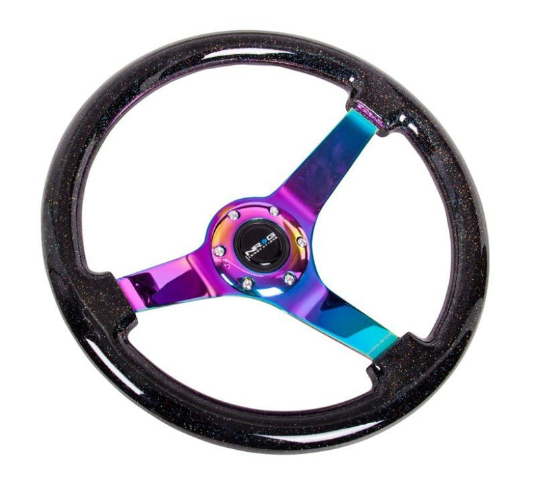 NRG Reinforced Steering Wheel (350mm / 3in. Deep) Classic Blk Sparkle w/4mm Neochrome 3-Spoke Center - Lunaticsco