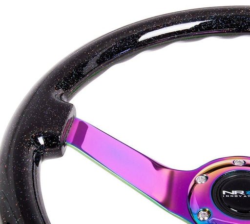 NRG Reinforced Steering Wheel (350mm / 3in. Deep) Classic Blk Sparkle w/4mm Neochrome 3-Spoke Center - Lunaticsco