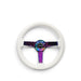NRG Reinforced Steering Wheel (350mm / 3in. Deep) Classic White w/4mm Neochrome Solid 3-Spoke - Lunaticsco