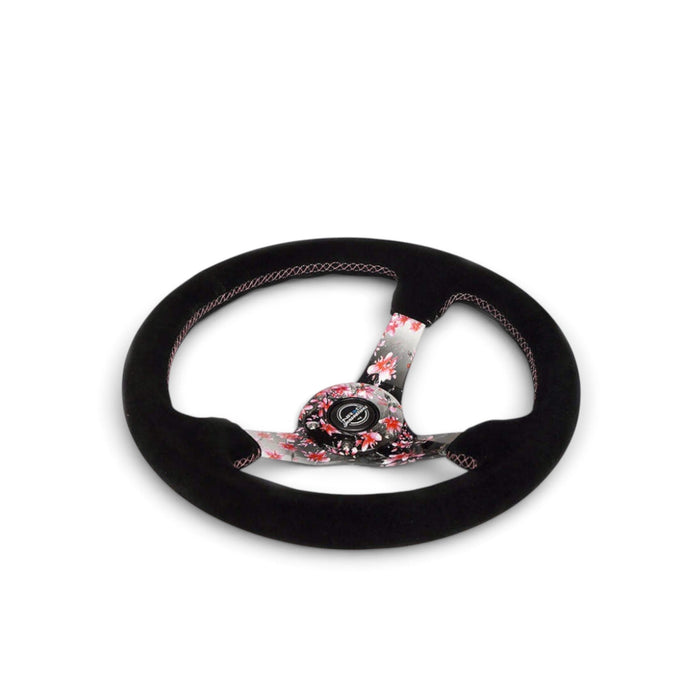 NRG Reinforced Steering Wheel (350mm) 3in Deep Pink Sakura Floral Solid Spoke - Black Suede/Stitch - Lunaticsco