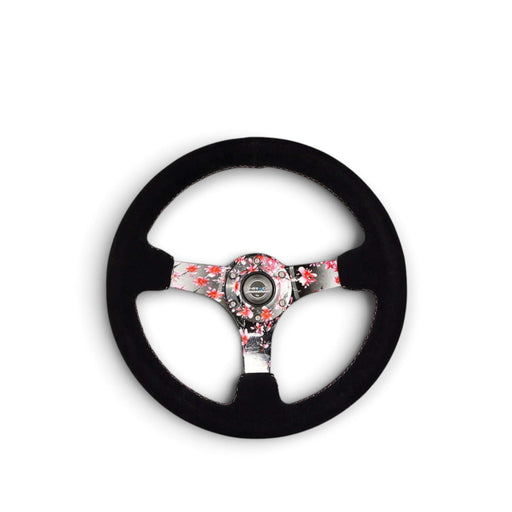 NRG Reinforced Steering Wheel (350mm) 3in Deep Pink Sakura Floral Solid Spoke - Black Suede/Stitch - Lunaticsco