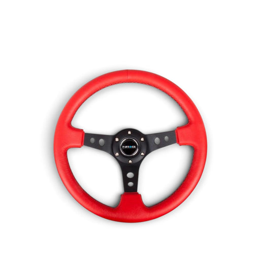 NRG Reinforced Steering Wheel (350mm / 3in. Deep) Red Leather/Blk Stitch w/Blk Spokes (Hole Cutouts) - Lunaticsco