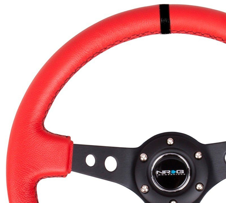NRG Reinforced Steering Wheel (350mm / 3in. Deep) Red Suede w/Blk Circle Cutout Spokes - Lunaticsco