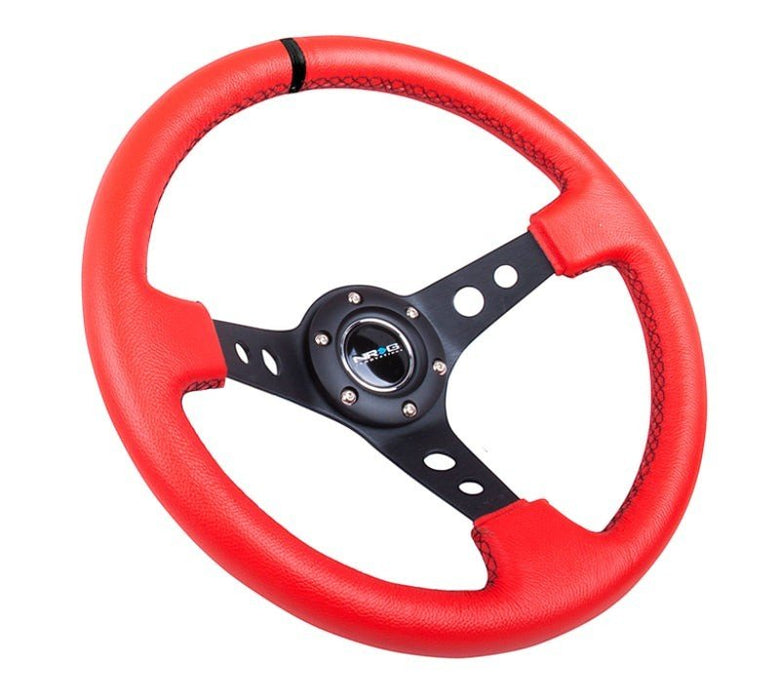 NRG Reinforced Steering Wheel (350mm / 3in. Deep) Red Suede w/Blk Circle Cutout Spokes - Lunaticsco