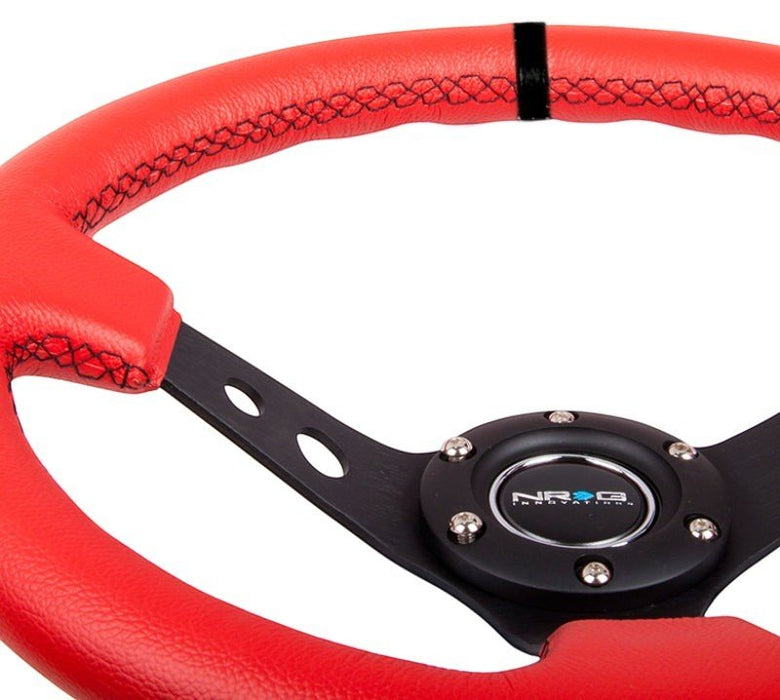 NRG Reinforced Steering Wheel (350mm / 3in. Deep) Red Suede w/Blk Circle Cutout Spokes - Lunaticsco