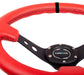 NRG Reinforced Steering Wheel (350mm / 3in. Deep) Red Suede w/Blk Circle Cutout Spokes - Lunaticsco