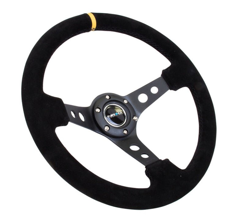 NRG Reinforced Steering Wheel (350mm) Blk Suede w/Circle Cut Single Yellow CM - Lunaticsco