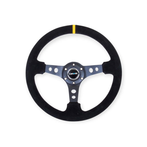 NRG Reinforced Steering Wheel (350mm) Blk Suede w/Circle Cut Single Yellow CM - Lunaticsco