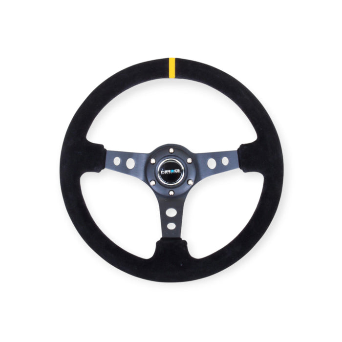 NRG Reinforced Steering Wheel (350mm) Blk Suede w/Circle Cut Single Yellow CM - Lunaticsco