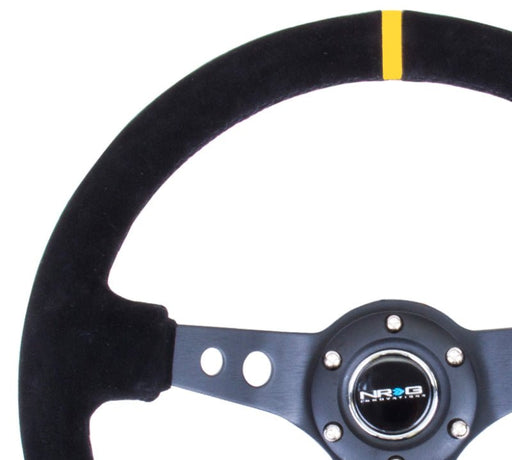 NRG Reinforced Steering Wheel (350mm) Blk Suede w/Circle Cut Single Yellow CM - Lunaticsco
