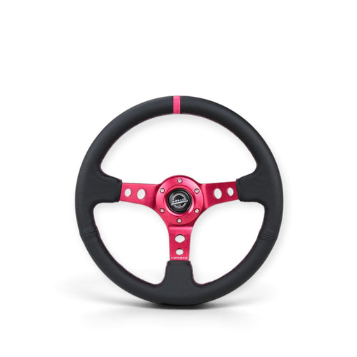 NRG Reinforced Steering Wheel (350mm/3in. Deep) Black Leather/ Fushia Center Mark/ Fushia Stitching - Lunaticsco