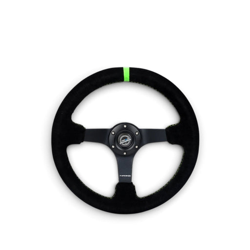 NRG Reinforced Steering Wheel 350mm/3in. Deep Blk Suede/ Neon Green Stitch w/5mm Matte Black Spoke - Lunaticsco