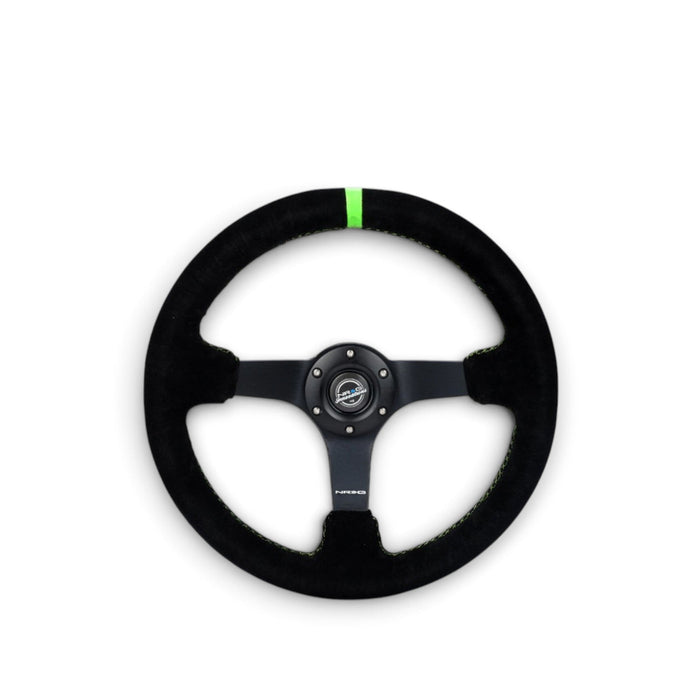 NRG Reinforced Steering Wheel 350mm/3in. Deep Blk Suede/ Neon Green Stitch w/5mm Matte Black Spoke - Lunaticsco