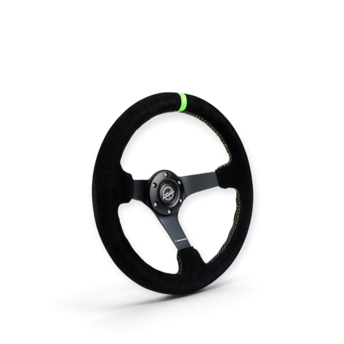 NRG Reinforced Steering Wheel 350mm/3in. Deep Blk Suede/ Neon Green Stitch w/5mm Matte Black Spoke - Lunaticsco