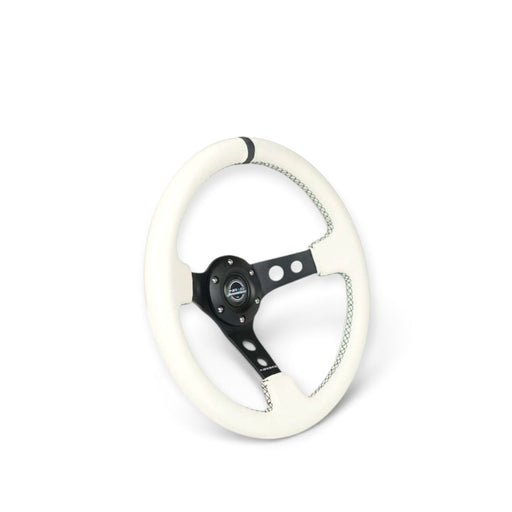 NRG Reinforced Steering Wheel (350mm/3in. Deep) White Leather w/Blk Spoke/Round Holes/White Stripes - Lunaticsco
