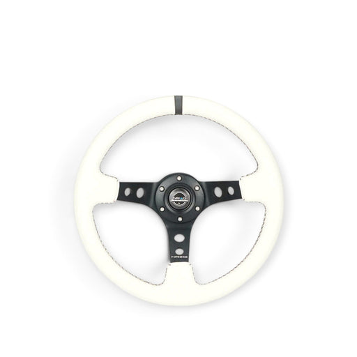 NRG Reinforced Steering Wheel (350mm/3in. Deep) White Leather w/Blk Spoke/Round Holes/White Stripes - Lunaticsco