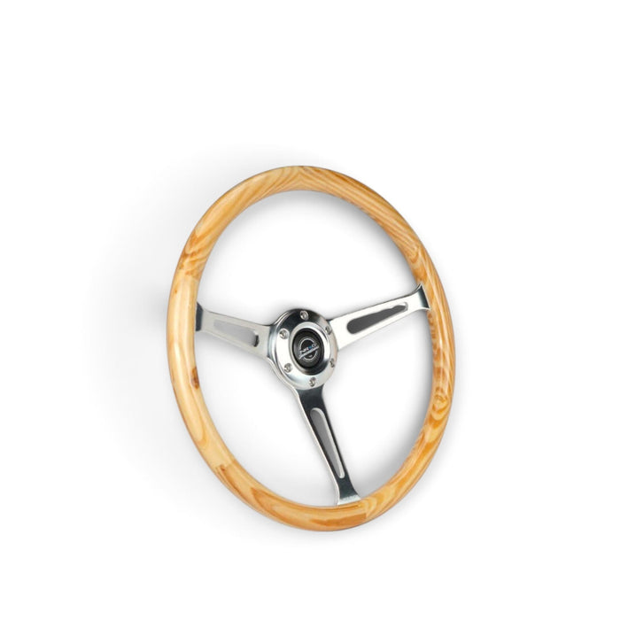 NRG Reinforced Steering Wheel (380mm) Light Wood Grain w/3-Spoke Center Shinny Chrome - Lunaticsco