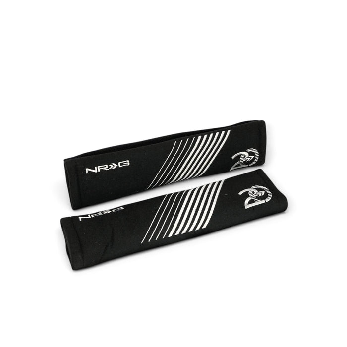 NRG Seat Belt Pads - 20 Year Anniversary - 11in. Length Black w/ Emerald Green Stitching - 2pc - Lunaticsco