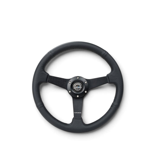 NRG Sport Steering Wheel (350mm / 1.5in Deep) Black Leather Black Stitch w/Matte Black Solid Spokes - Lunaticsco