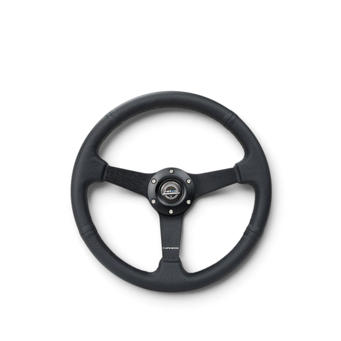 NRG Sport Steering Wheel (350mm / 1.5in Deep) Black Leather Black Stitch w/Matte Black Solid Spokes - Lunaticsco