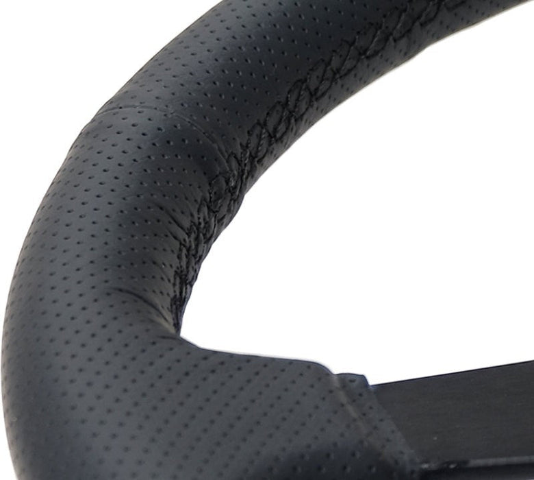 NRG Sport Steering Wheel (350mm / 1.5in Deep) Black Leather Black Stitch w/Matte Black Solid Spokes - Lunaticsco