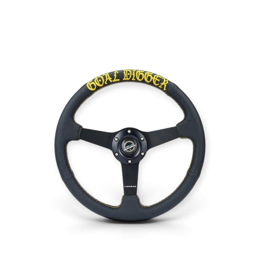 NRG Sport Steering Wheel (350mm / 1.5in Deep) Black Leather/Gold Stitch w/Matte Black Solid Spokes - Lunaticsco