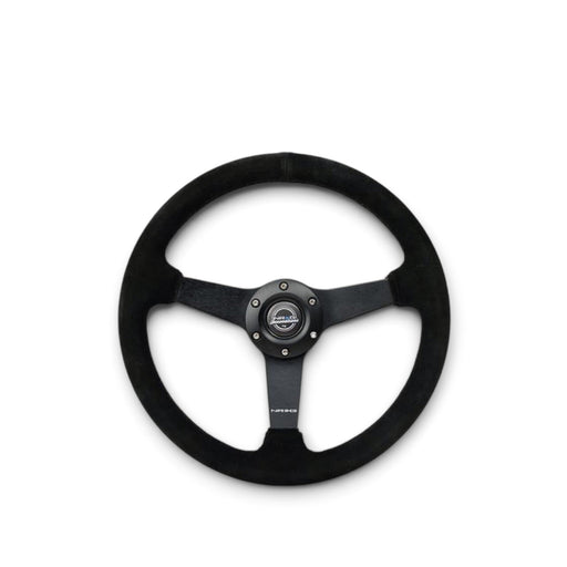 NRG Sport Steering Wheel (350mm / 1.5in Deep) Black Suede/Black Stitch w/Matte Black Solid Spokes - Lunaticsco