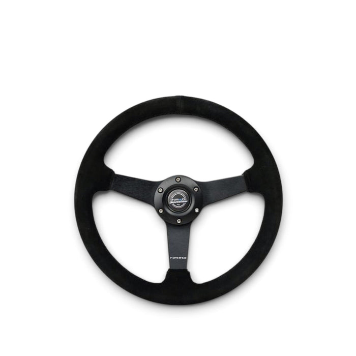 NRG Sport Steering Wheel (350mm / 1.5in Deep) Black Suede/Black Stitch w/Matte Black Solid Spokes - Lunaticsco