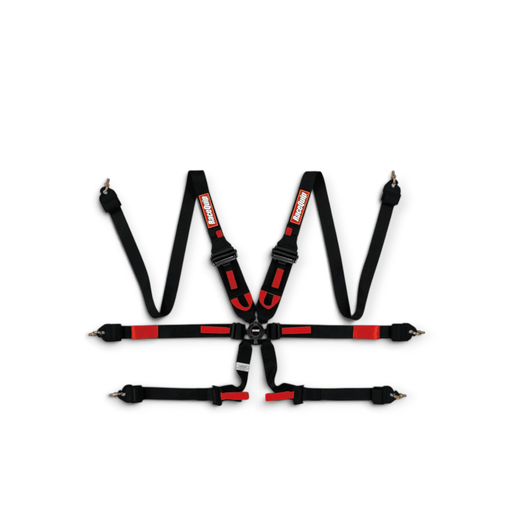 RaceQuip Camlock 6-Point 2In Racing Harness, FIA 8853, Pull-Down Lap, HNR Compatible, Black - LunaticsCo