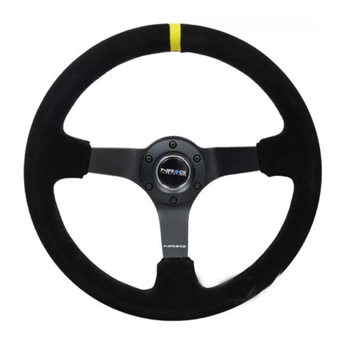 NRG Reinforced Sport Steering Wheel 350mm 3 Inch Deep 5mm Matte Black Spoke Black suede Black criss cross stitching and Yellow Center Mark - Lunaticsco