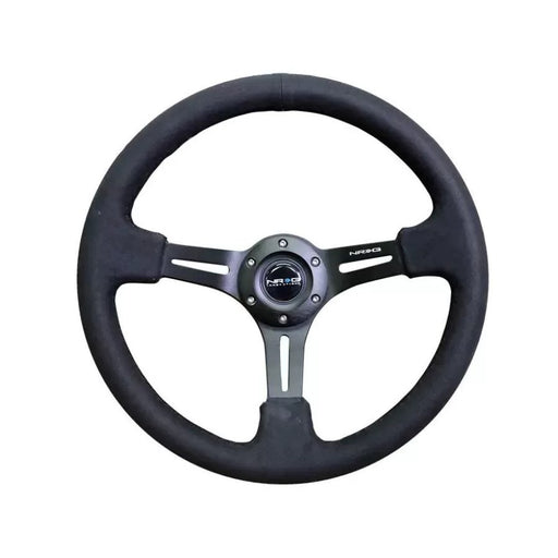 NRG Reinforced Sport Steering Wheel 350mm 3 Inch Deep Black Leather Alcantara Stitching - Lunaticsco